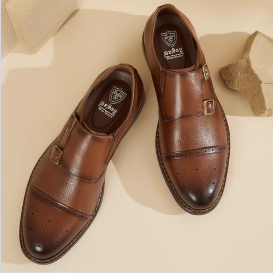 Men's Double Buckles Monk Strap Leather Dress Shoes- Brogue Design with Adjustable Buckles