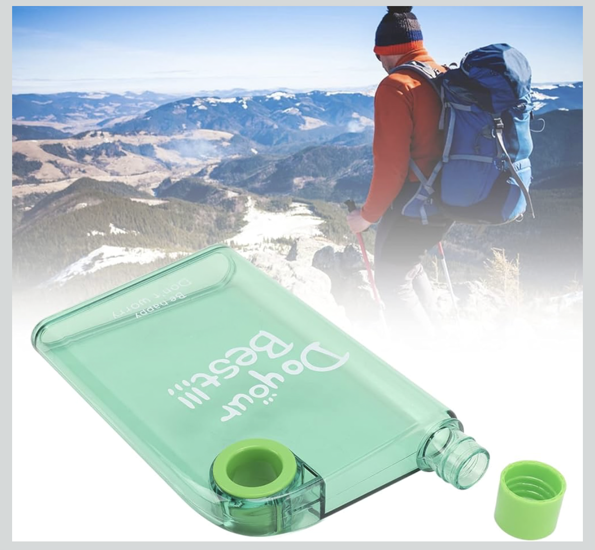 Flat Water Bottle, Portable Travel Mug, 420ml Slim Plastic Reusable Bottle with Cover & Round Hole for School, Sports, Travel, Dining, Green