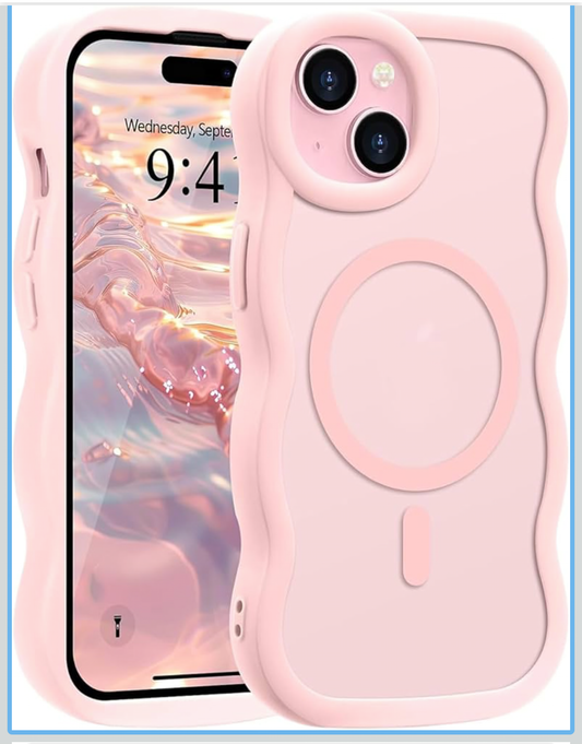 Suitable for iPhone 15 Phone Case for Women Girls Men, [Compatible with MagSafe] [Anti-Fall] Cute Wave Translucent Matte Phone Case for iPhone 15, Pink