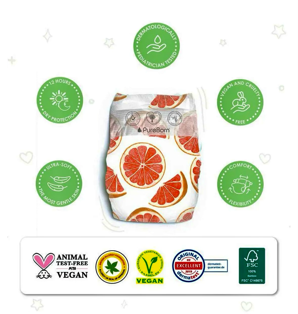 PureBorn Nappies Pure Organic Bamboo Nappies – Nappies Size 4 Hypoallergenic 96 - Nappies Ultra Soft (7 - 12 kg) 100% Plant Based Eco Friendly Assorted Print