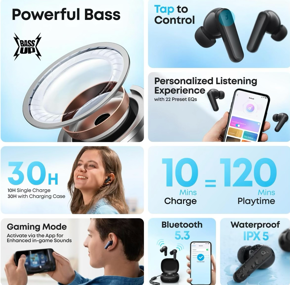 Soundcore by Anker R50i True Wireless Earbuds, 10mm Drivers with Big Bass, Bluetooth 5.3, 30H Long Playtime, Water-Resistant, 2 Mics for AI Clear Calls, 22 Preset EQs, Customization via App (Black)