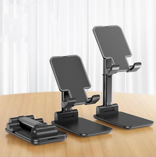 Phone Stand, Adjustable Height and Angle Foldable Cell Phone Stand Holder for Desk, Travel Home Office Desk Accessories Compatible for All Phones - Black