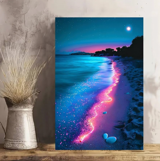 Night Beach Glowing Waves Vintage Rustic Canvas Wall Art - 12x18in Unframed Poster- Home & Office Decor for Living Room, Bedroom, Kitchen & Cafe