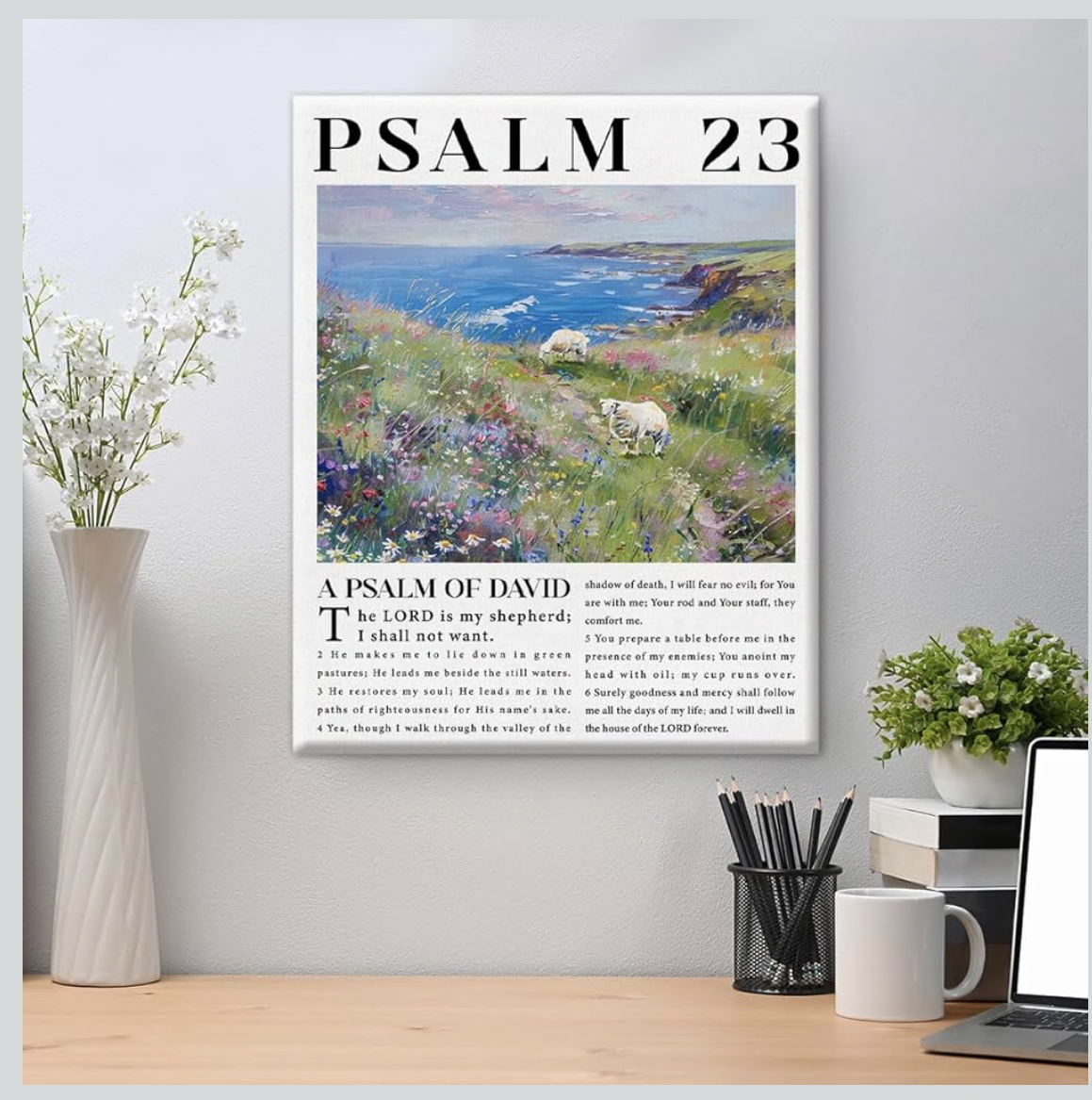 Bible Verse Canvas Wall Art Christian the Lord ls My Shepherd Psalm 23 Scripture Poster Picture Print Artwork Framed for Home Decor 8x10 Inches
