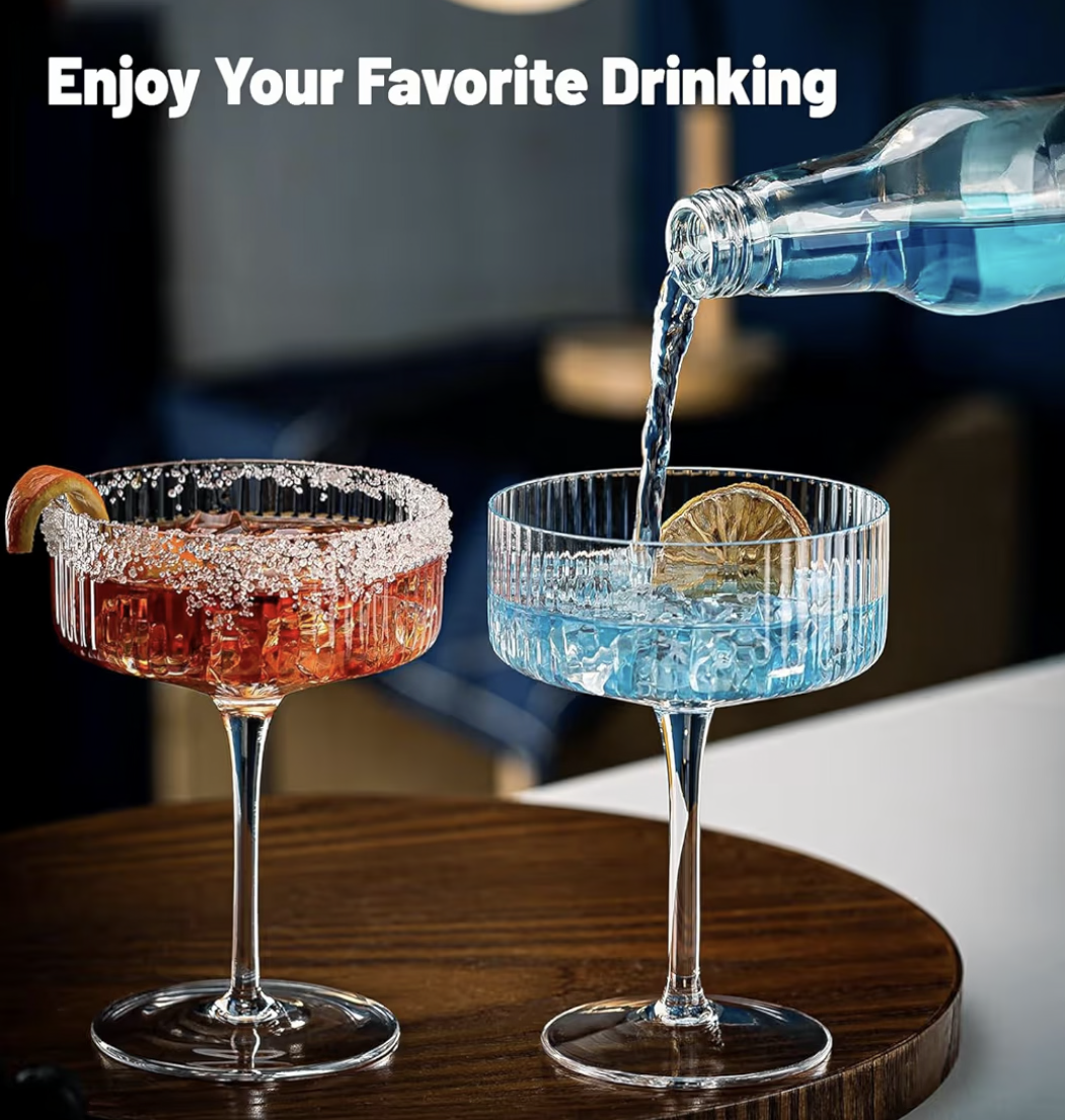 Ribbed Coupe Glasses, 6 Pcs 10 oz Vintage Cocktail Coupe Glasses Set, Unique Martini Glass, Classic Cocktail Galssware, Bar Drinking Glasses Set Pefect for Cocktail, Wine, Champagne & Gift