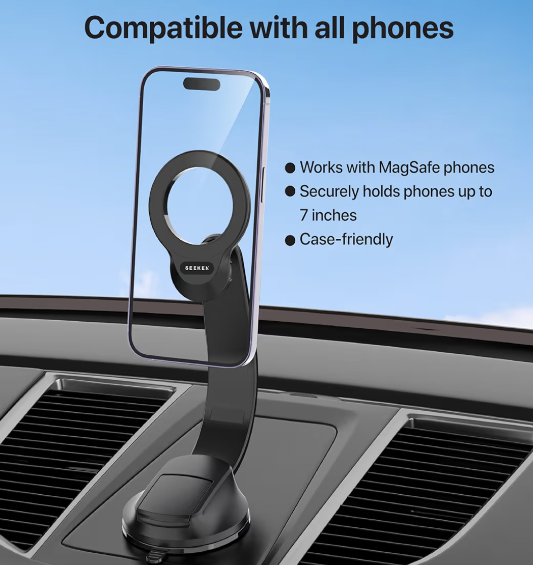 Seeken MagPower Car Phone Holder | Compatible with iPhone 16/15/14/13/12, Samsung S25/S23 | Essential Car Accessories | Magnetic Phone Holder for Car with 360° Rotation, Mobile Holder for Car | Black