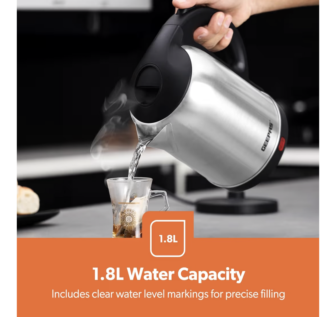 Geepas Stainless Steel Electric Kettle With Auto Shutt off and Boil Dry Protection 1.8 L 1800 W GK5466 Silver/Black