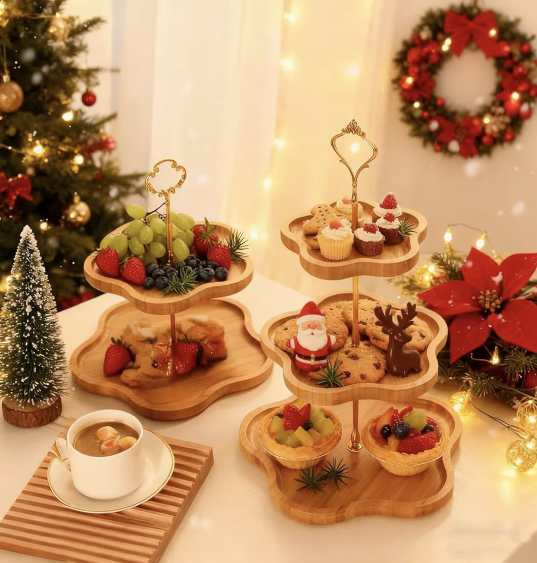 Tazweeq Tiered Serving Tray, 3-Tier Wood Tiered Serving Tray Cupcake Tower, Tiered Tray for Fruits Cakes Dessert