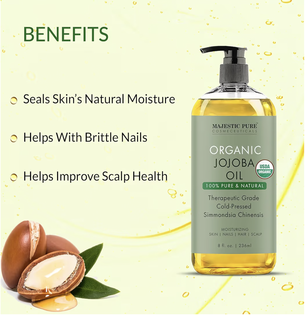 Majestic Pure Organic Jojoba Oil - Large 236 ML | 100% Pure and Natural, Cold-Pressed | Moisturizing for Skin Care, Massage, Hair Care, and to Dilute Essential Oils