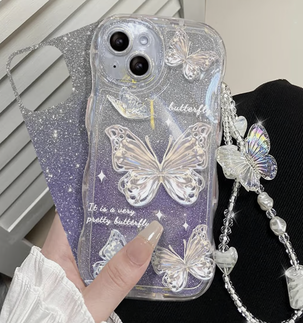 iPhone 17 Pro Case with Bracelets, Cute Butterfly Glitter Bling Cover with Strap Wrist Sparkle Shockproof Phone Case for iPhone 17 Pro Women Girl