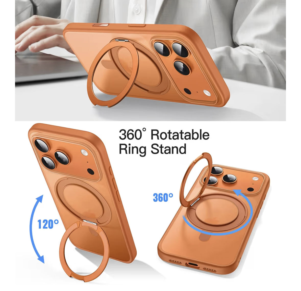 JETech 360 Degree Rotatable Ring Case for iPhone 17 Pro 6.3-Inch with Camera Control Button, Compatible with MagSafe, Slim Shockproof Phone Cover with Stand & Ring Holder (Orange)