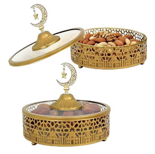 2 Pcs Ramadan Snacks Serving Tray with Lid - Metal Snacks Box for Ramadan & Eid, Handcrafted Arabian Style Serving Dish for Sweets, Nuts, Home Decor Gift