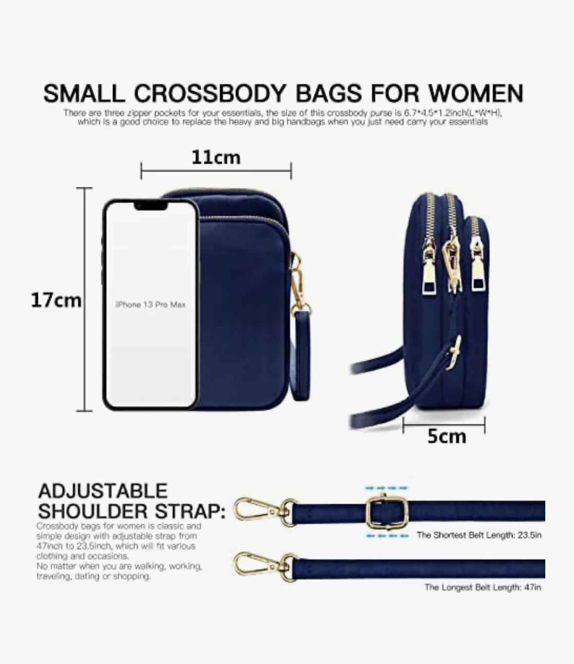Nylon Ladies Mobile Phone Bags Purse Mini 3 Layers Zipper Shoulder Wallet Bag with Adjustable Strap
