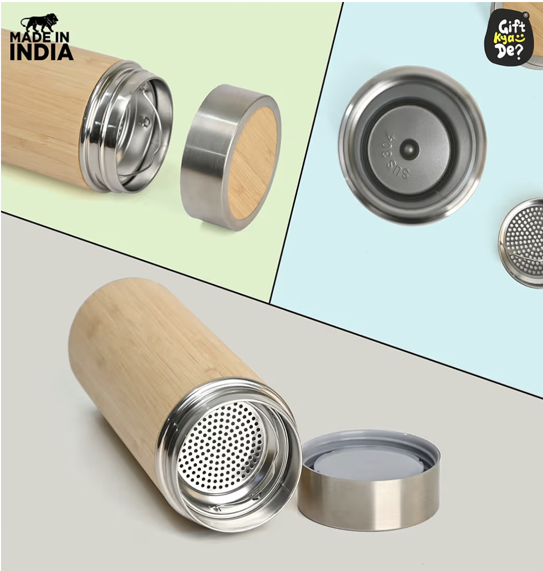 GKD Eco-Friendly Bamboo Water Bottle, Stainless Steel Flask Water Bottle/Thermos with Tea Strainer | Double Wall Vacuum Insulated | Hot & Cold