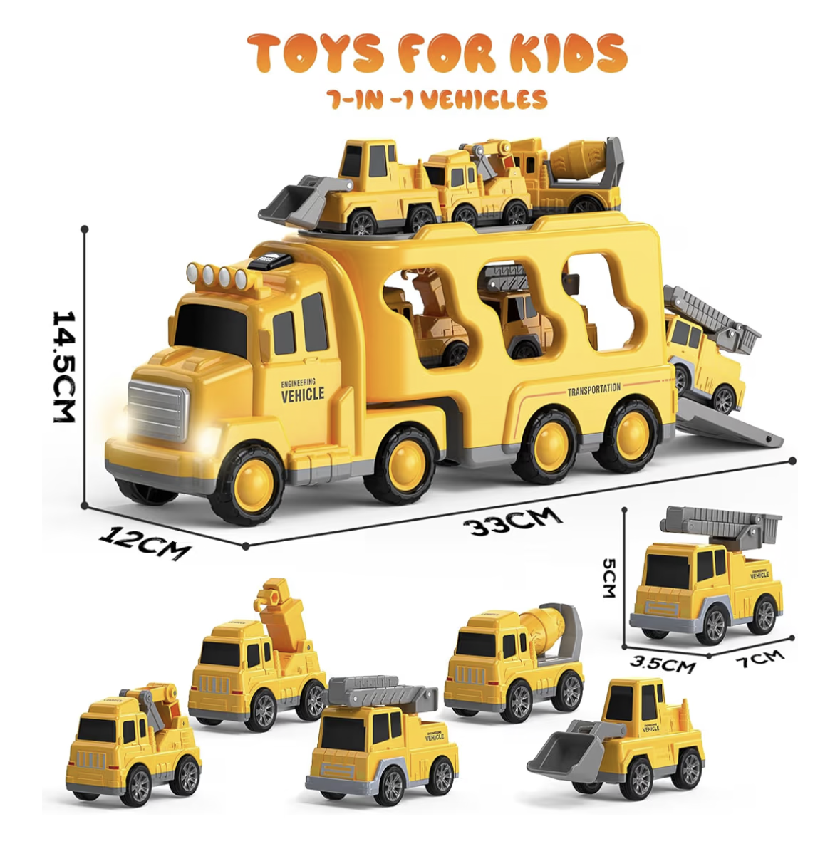 Skirtoy Construction Truck Toys Toddlers 3 4 5 6 7 Years Old,7 in 1 Truck Friction Power Toy Car with Light and Sound Transport Vehicle Carrier Truck, Car Toys Set for Boys & Girls 3-5 Years Old