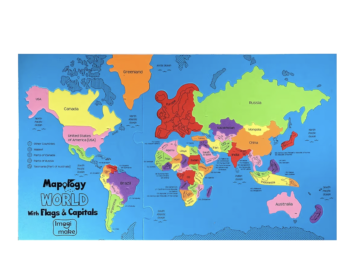 Imagimake Mapology أحجية خريطة العالم مع أعلام الدول والعواصم للأطفال من 5 سنوات فما فوق | أحاجي الصور المقطوعة على شكل دول | ألعاب تعليمية وجغرافية للأولاد والبنات |