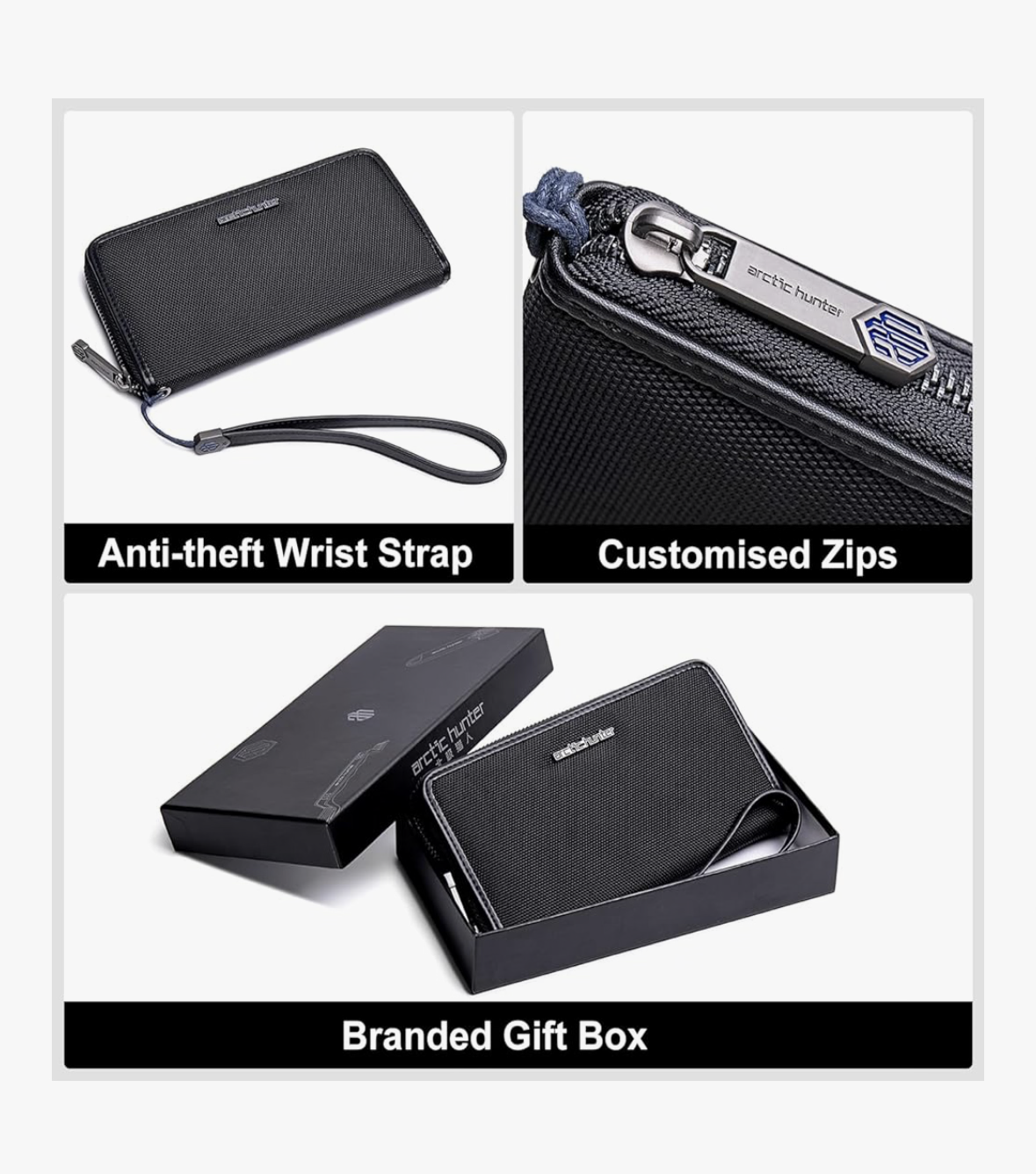 Arctic Hunter Long Wallet for Men Women Gift Box 1680D Polyester Passport Holder Zipper Coin Pocket Wrist Strap Money Hand Purse for Checkbook Cash Credit Card Passport, Black