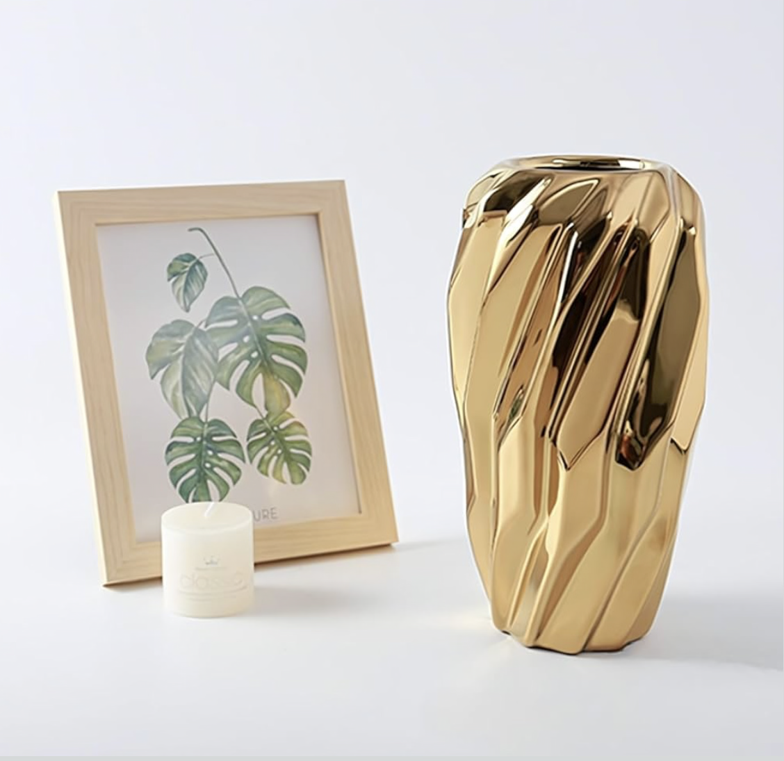 Gold Flower Vase, Vecolla Ceramic Vase for Flowers with Wavy Fluted Design, Aesthetic Flower Pot Home Decor For Living Room Bedroom Office Coffee Table Wedding Bookshelf(1-Pack,M,Gold)