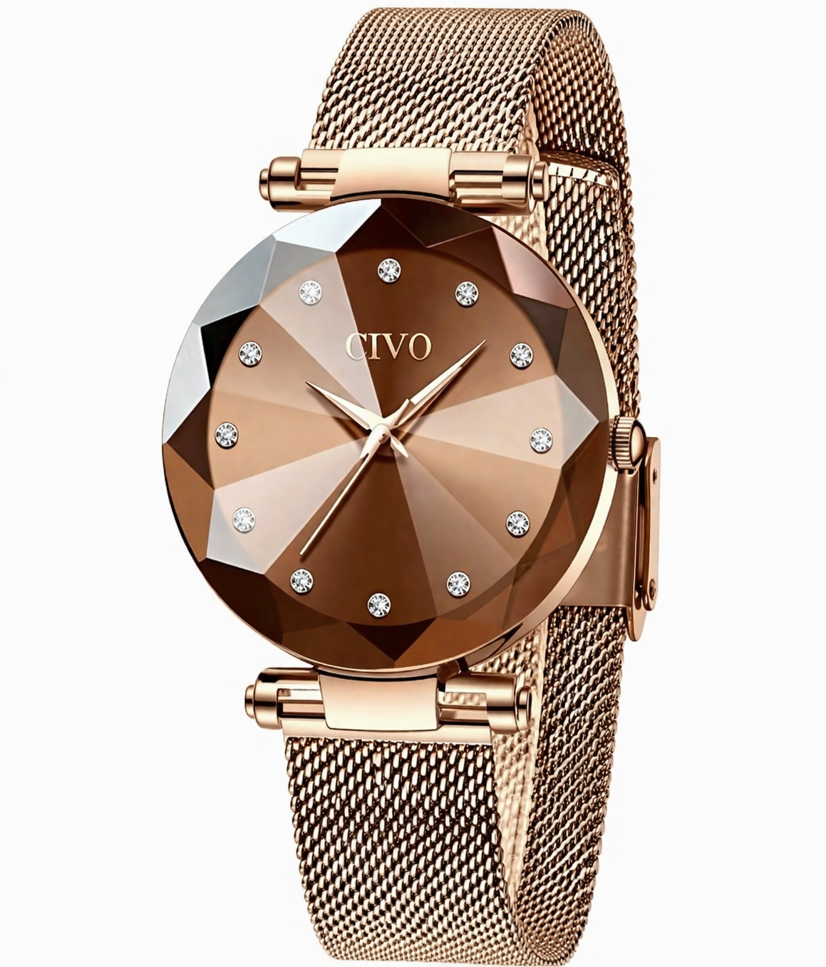 CIVO Watches for Women Rose Gold: Stainless Steel Analog Quartz Wrist Watch Waterproof Mesh - Elegant Ladies Watch Diamond Dial