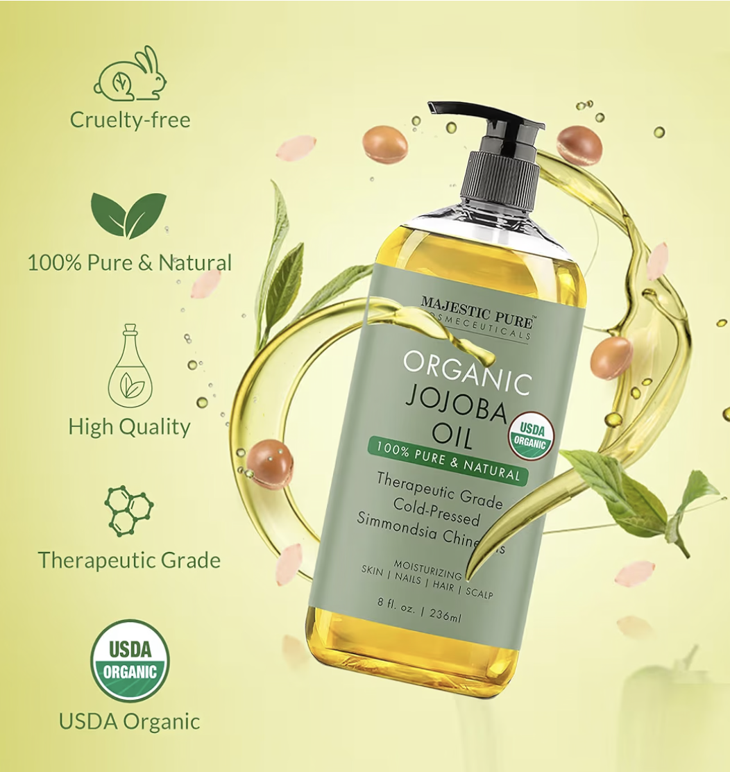 Majestic Pure Organic Jojoba Oil - Large 236 ML | 100% Pure and Natural, Cold-Pressed | Moisturizing for Skin Care, Massage, Hair Care, and to Dilute Essential Oils