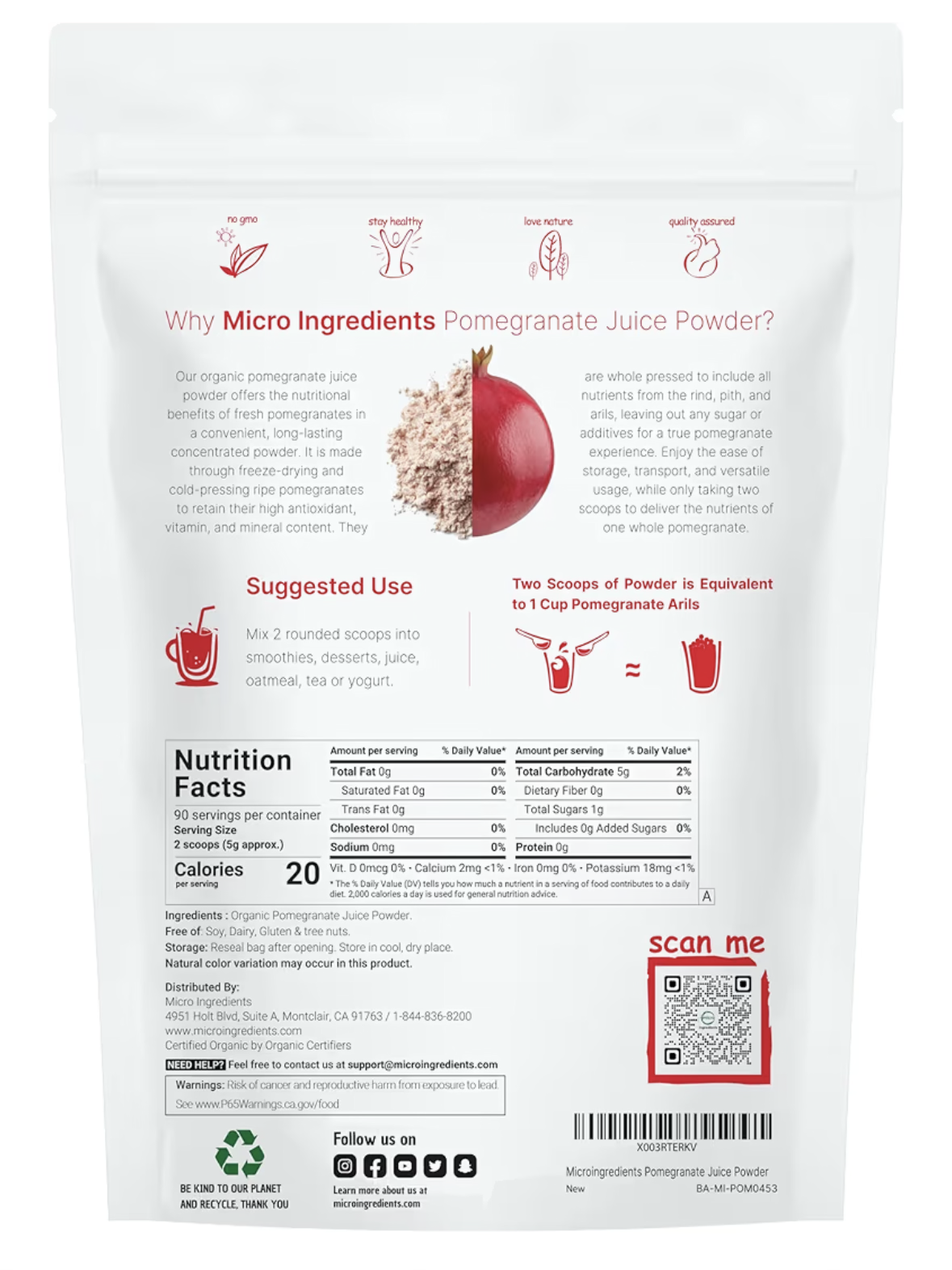 Organic Pomegranate Juice Powder, 1 Pound (91 Serving), Freeze Dried & Cold Pressed, Natural Vitamin C (Immune Vitamin), Support Immune System, Organic Flavor for Smoothie & Beverage, Vegan