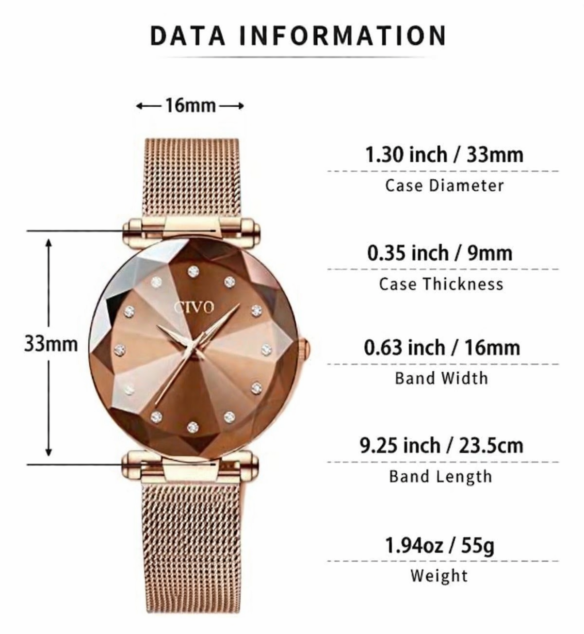 CIVO Watches for Women Rose Gold: Stainless Steel Analog Quartz Wrist Watch Waterproof Mesh - Elegant Ladies Watch Diamond Dial