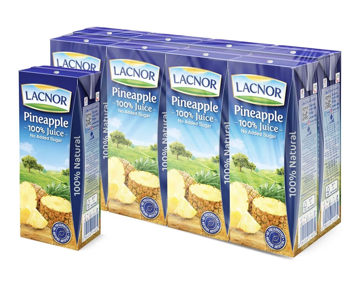 Lacnor Essentials Pineapple 100% Juice, No Added Sugar, 180Ml Pack Of 8