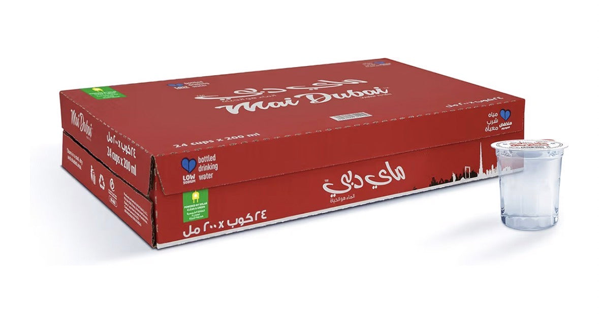 utMai Dubai Cup Water 24x200ml packaging with a cup of water beside it on a white background.