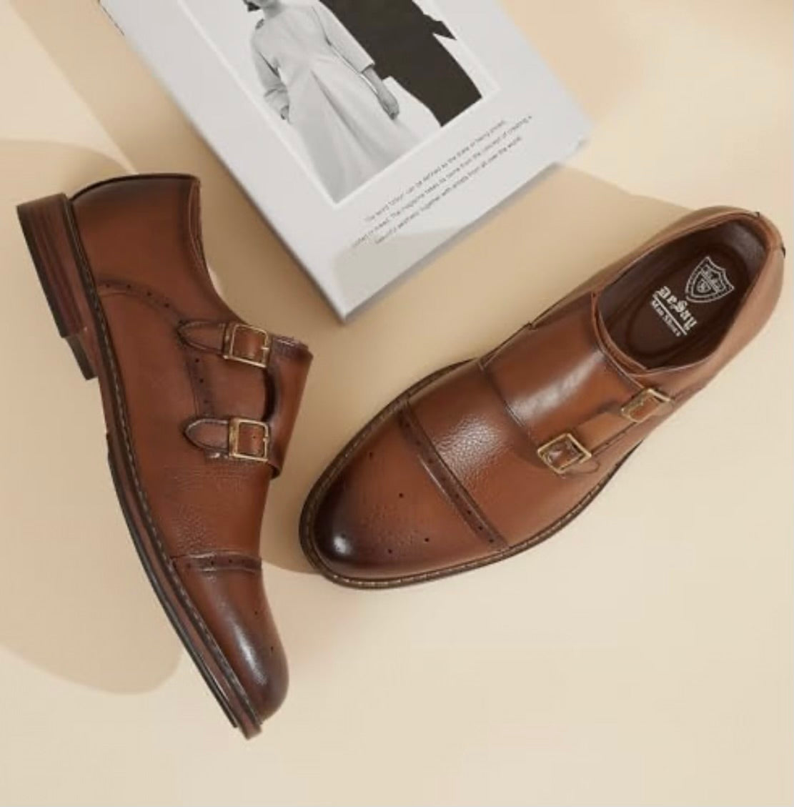 Men's Double Buckles Monk Strap Leather Dress Shoes- Brogue Design with Adjustable Buckles