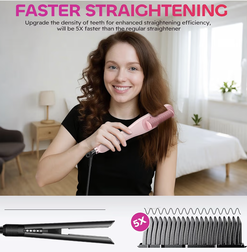 Steam Hair Straightener Brush, 3 in 1 Hair Straightening Brush with 4 Temperature Adjust, Anti Scald Ceramic Hair Straightening Comb Fast Heating for Home, Reduces Damage, Nourishes Hair