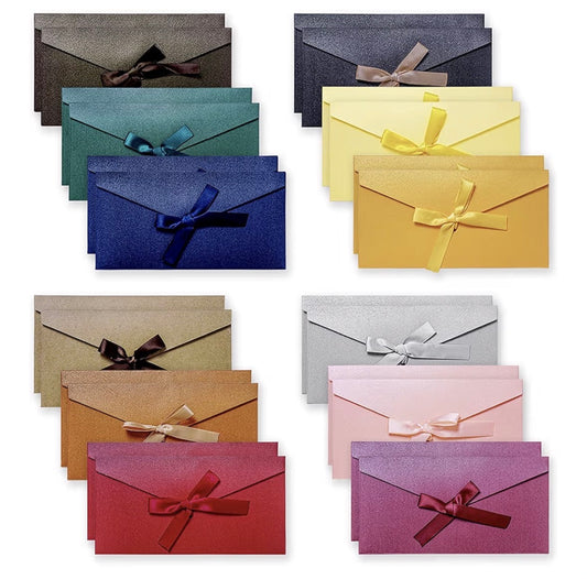 ELECDON Colourful Envelopes, 24Pcs Vintage Kraft Pearlescent Paper Envelopes with Colored Bow Tie Ribbons for Handmade Invitations, Wedding or Festival Cards, Thickened Large (12 Colour)