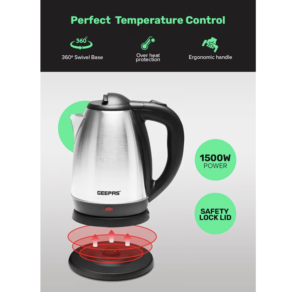 Electric Tea Kettle 1.8 L, Auto Shut Off And Boil Dry Protection, Safety Lock Lid, 360 Degree Rotational Base, Stainless Steel, Ergonomic Handle, Perfect Pour, Large Capacity 1.8 L 1500 W GK5454B