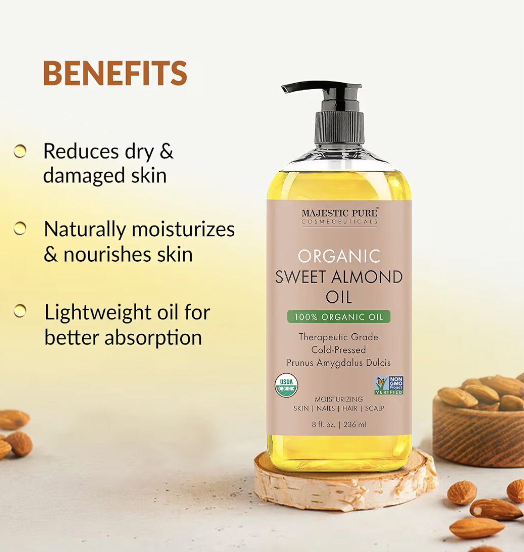 Majestic Pure USDA Organic Sweet Almond Body Oil | Large 236 ml | 100% Pure & Natural Cold Pressed Oil Sweet Almond Oil for Skin, Face, Nails, Hair, Scalp & Massage | 236 ml