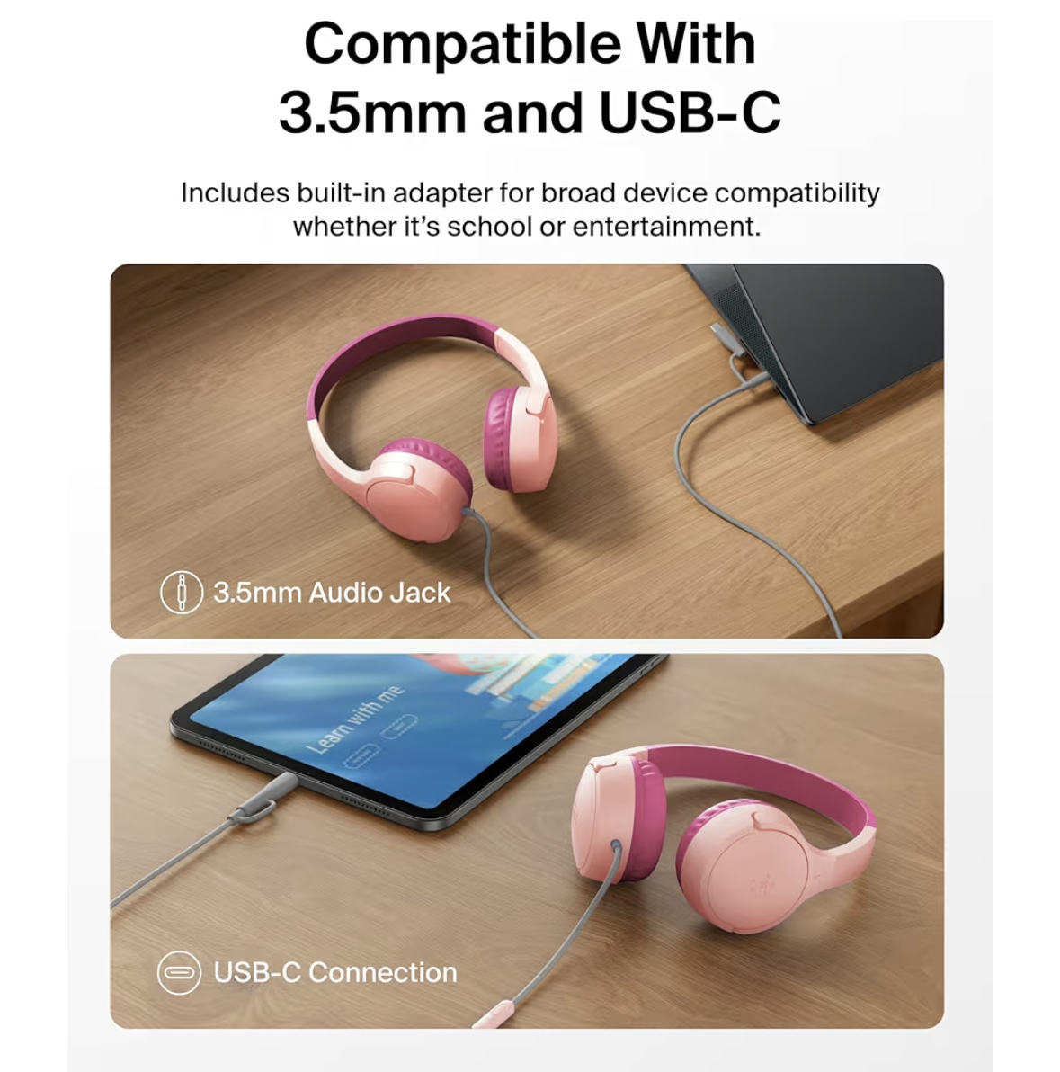 Belkin SoundForm Mini Kids Wired Headphones with USB-C to 3.5mm Dongle, Built-in Mic & Fun Stickers, 85dB Max Volume – for Online Learning, Travel, Compatible with iPhone, iPad, Galaxy, etc - Pink