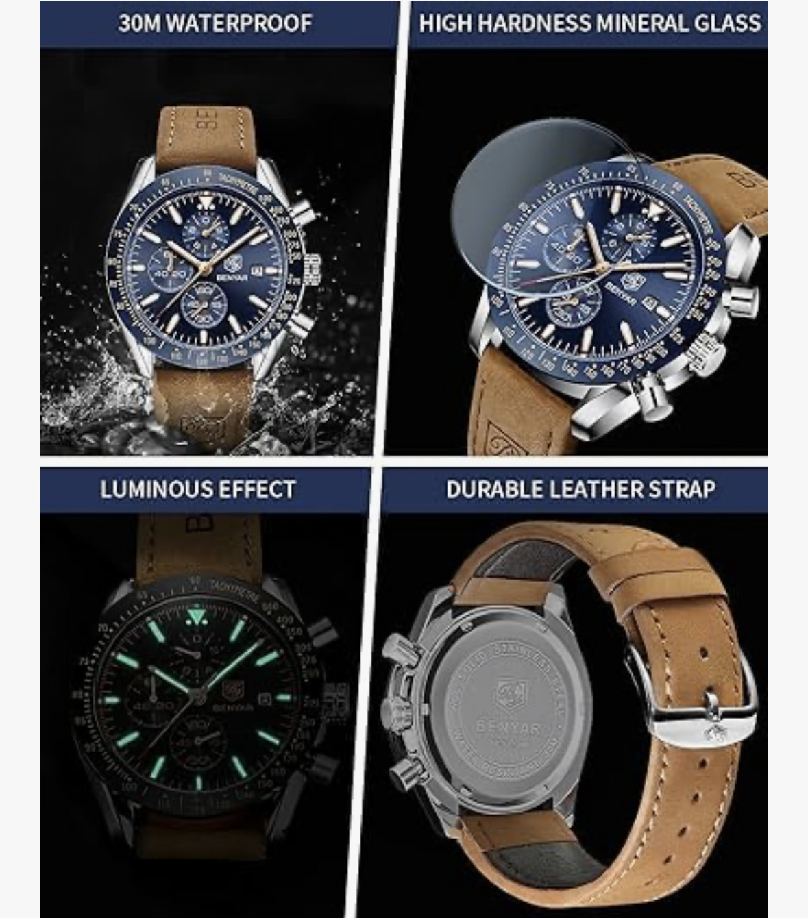 BY BENYAR Mens Watches Chronograph Analog Quartz Movement Stylish Sports Designer Wrist Watch 30M Waterproof Elegant Gift for Men