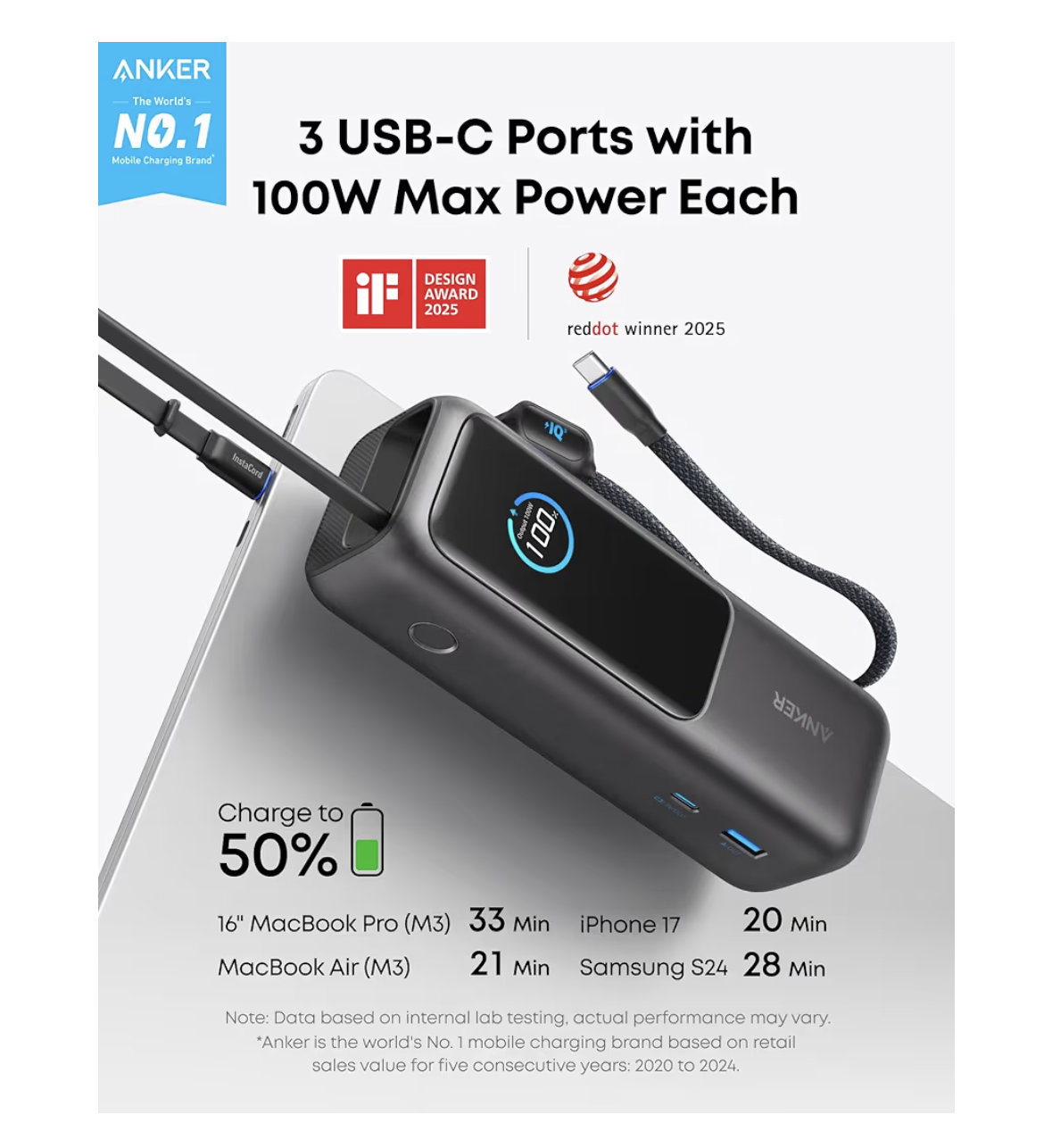 Anker Power Bank 25,000 mah 165W Ultra-Fast Portable Charger for Dual Laptops, Fast Charging Battery Pack with Built-In and Retractable Cables, For iPhone 17/16 Series, Samsung, and More