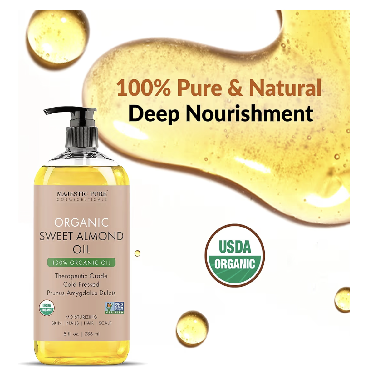 Majestic Pure USDA Organic Sweet Almond Body Oil | Large 236 ml | 100% Pure & Natural Cold Pressed Oil Sweet Almond Oil for Skin, Face, Nails, Hair, Scalp & Massage | 236 ml