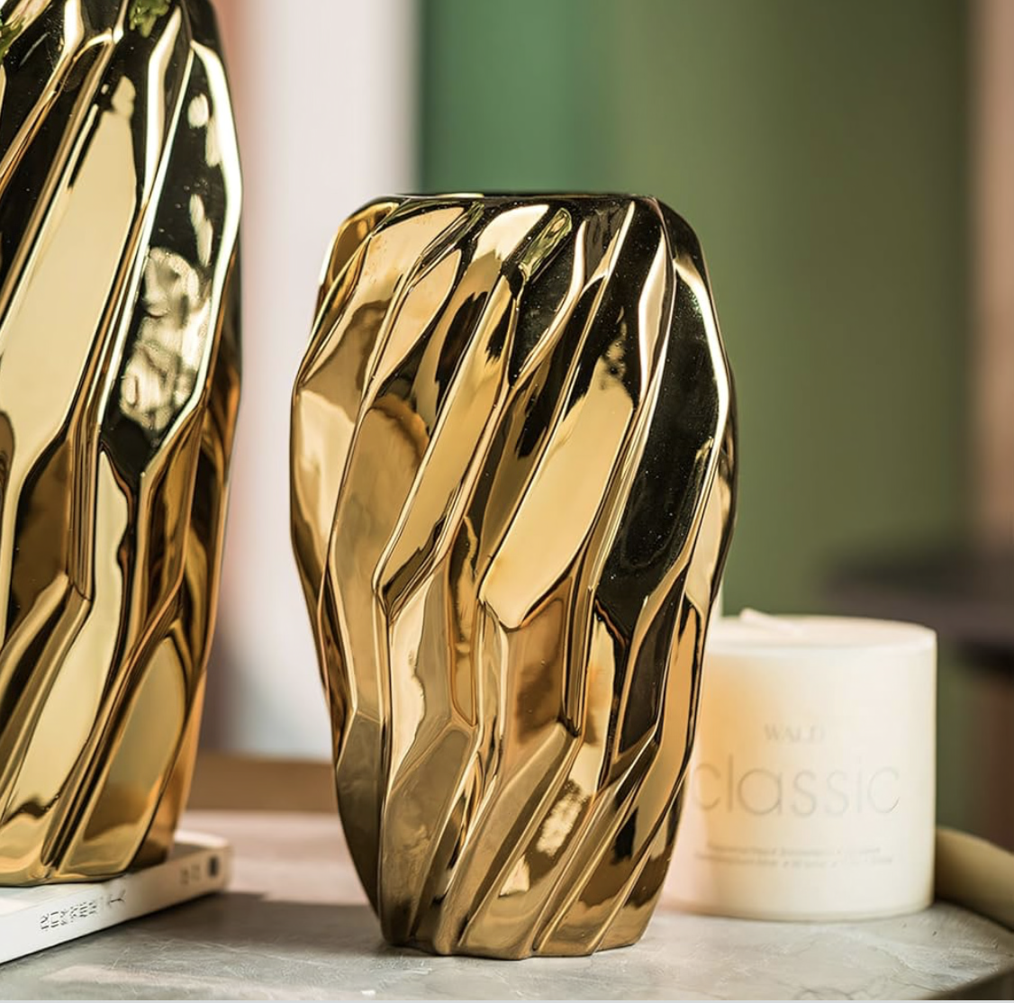 Gold Flower Vase, Vecolla Ceramic Vase for Flowers with Wavy Fluted Design, Aesthetic Flower Pot Home Decor For Living Room Bedroom Office Coffee Table Wedding Bookshelf(1-Pack,M,Gold)