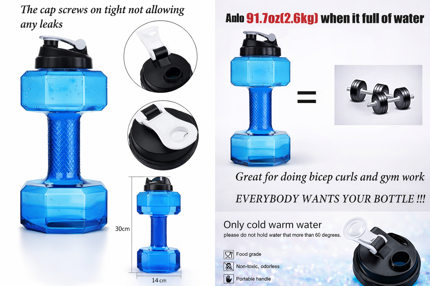 2.5L Dumbbell Shape Water Bottle, Eco Sports Fitness Exercise Water Jug for Gym Rose (Adults Unisex)
