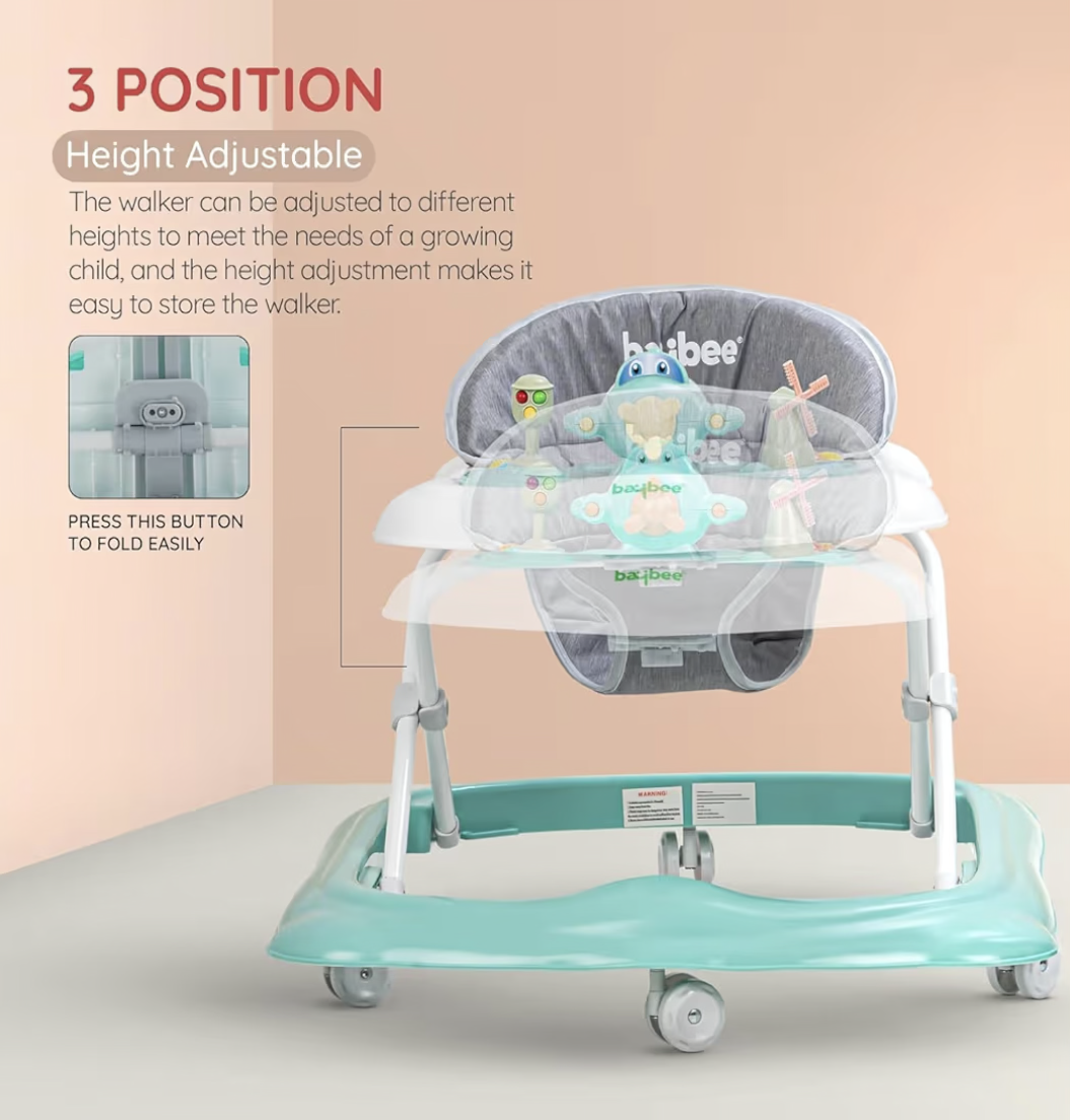 Baybee Baby Walker for Kids 6–18 Months, Adjustable Height Infant Walker with Music Toy Bar, Round Activity Walker for Toddlers, Safe Mobility Trainer for Boys & Girls (Green)
