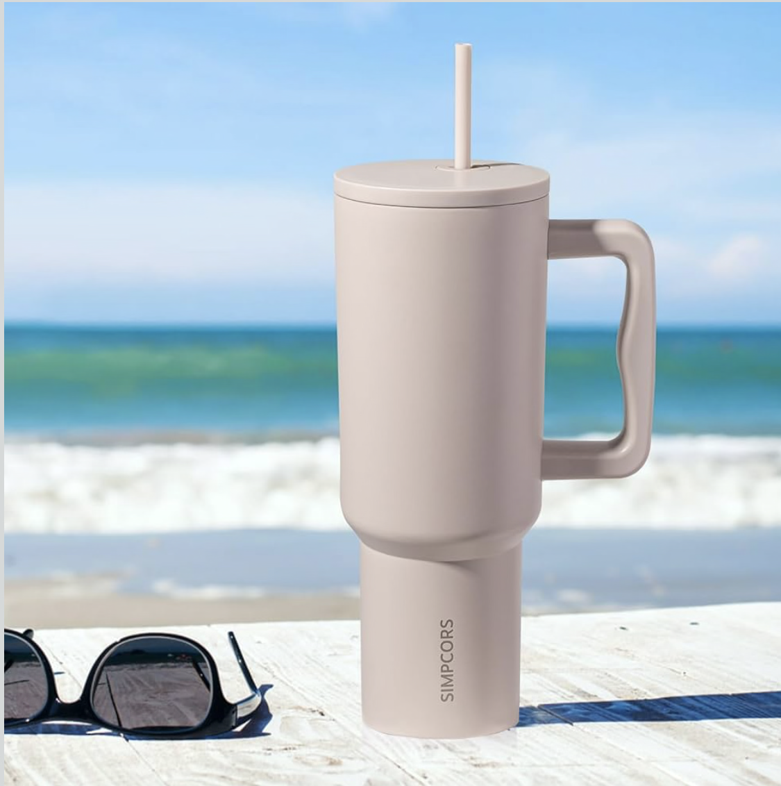 1.2L Tumbler with Straw and Handle, Insulated Cup Reusable SS Water Bottle, Cold/Hot Travel Mug with Leak Resistant Lid for Home Office Camping (Almond Birch)