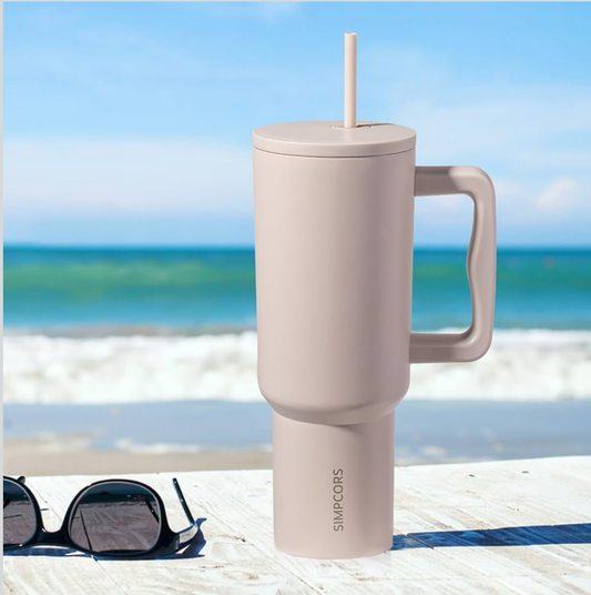 1.2L Tumbler with Straw and Handle, Insulated Cup Reusable SS Water Bottle, Cold/Hot Travel Mug with Leak Resistant Lid for Home Office Camping (Almond Birch)