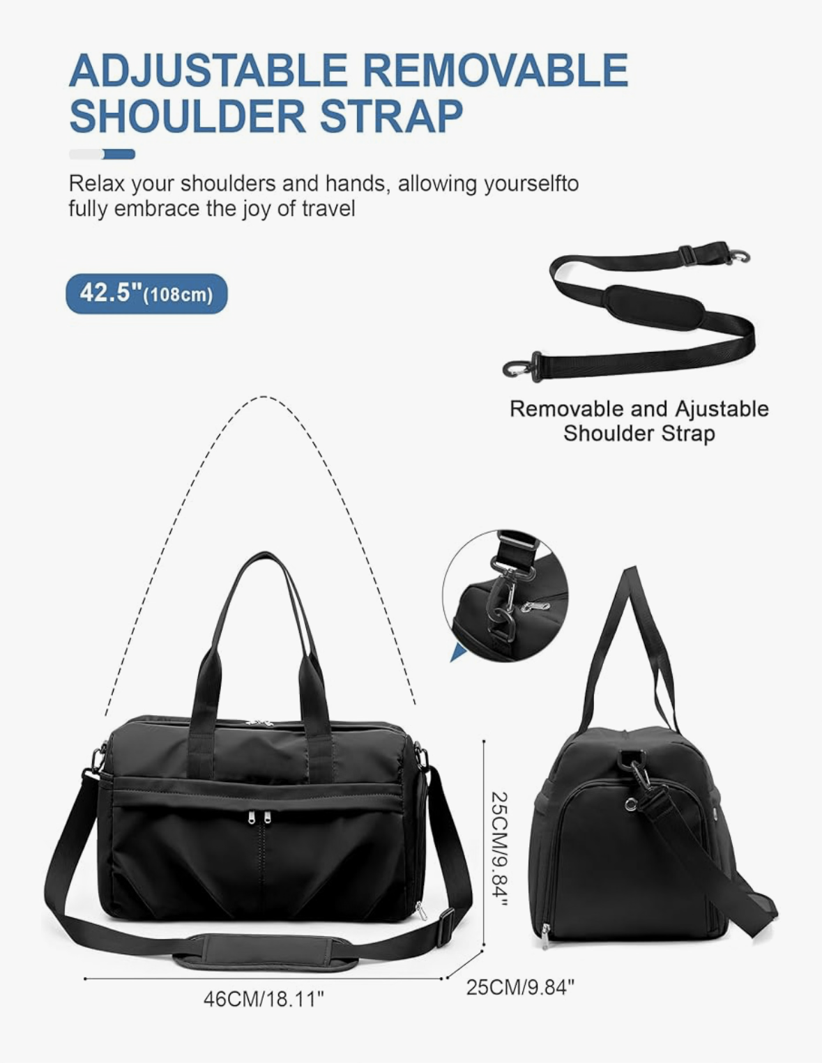 Gym Bag for Women Men with Shoe Compartment, Sport Duffel Bag, Waterproof Travel Weekender Overnight Carry on Bag for Yoga with Trolley Sleeve, Black, A-Black, Shoe Compartment