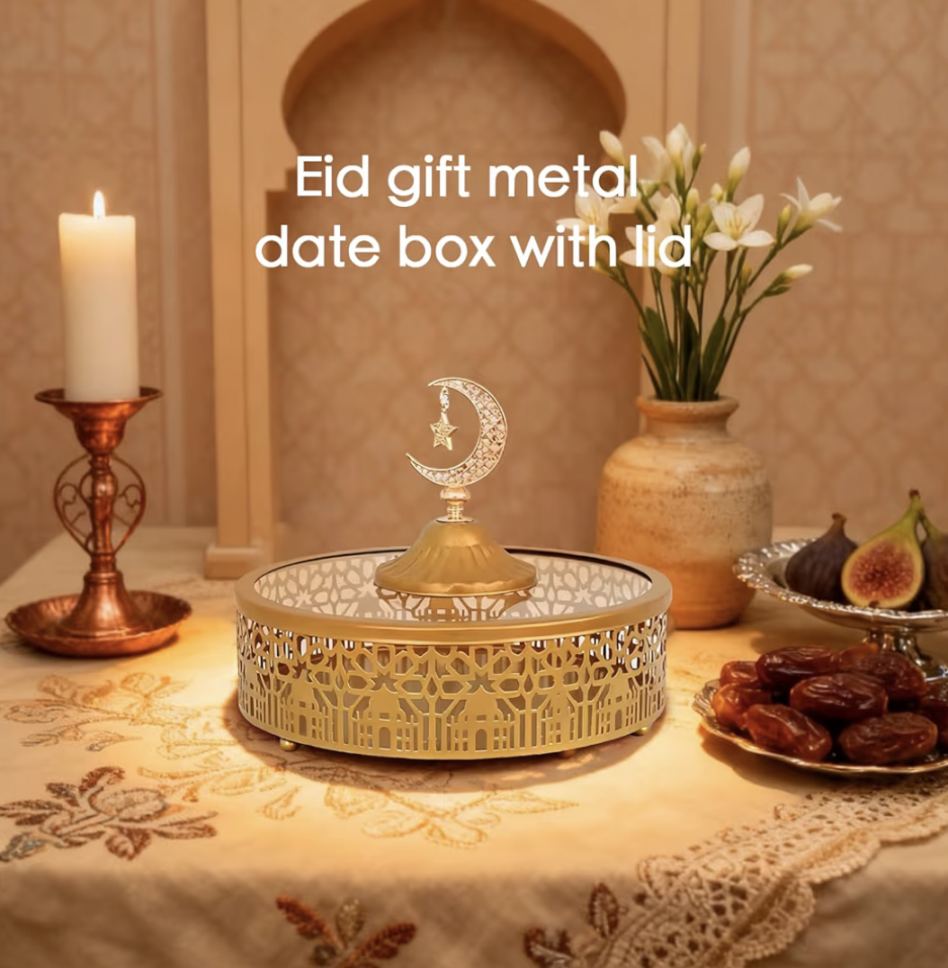 2 Pcs Ramadan Snacks Serving Tray with Lid - Metal Snacks Box for Ramadan & Eid, Handcrafted Arabian Style Serving Dish for Sweets, Nuts, Home Decor Gift