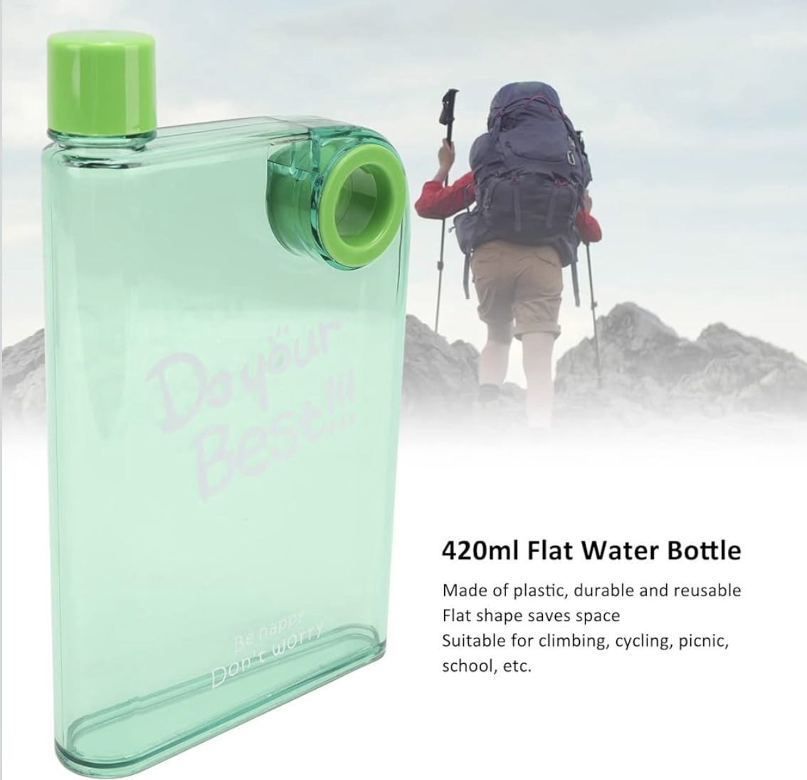 Flat Water Bottle, Portable Travel Mug, 420ml Slim Plastic Reusable Bottle with Cover & Round Hole for School, Sports, Travel, Dining, Green