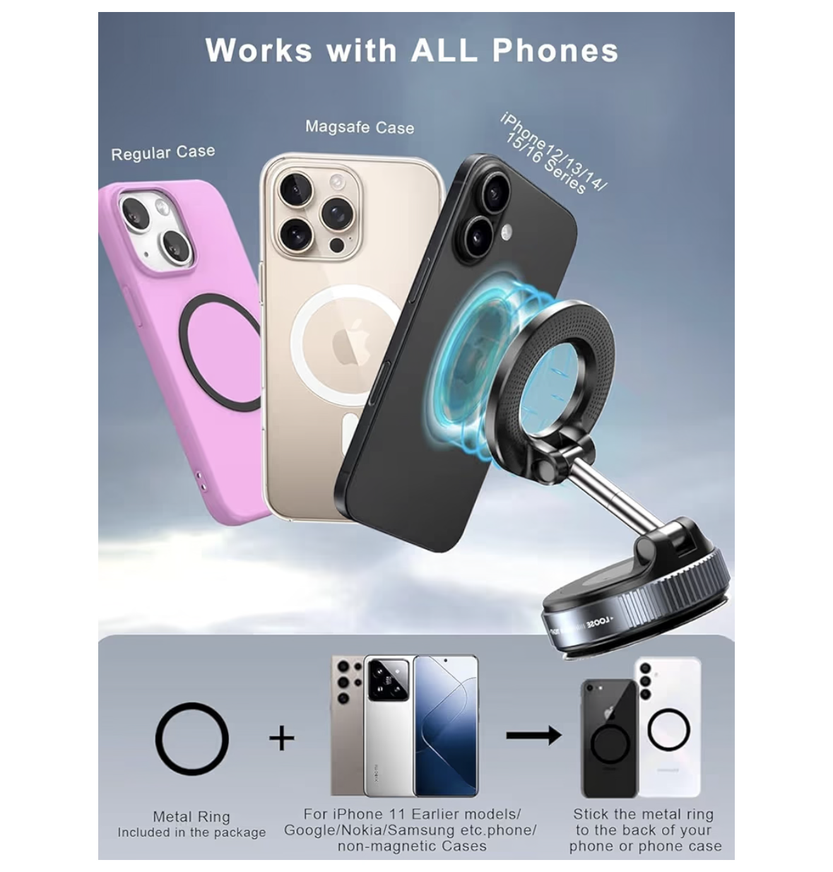 Magnetic Car Phone Holder – 360° Rotatable Suction Mount for Dashboard & Windshield – Strong MagSafe Mount for iPhone, Samsung, Android Phones – Universal Hands-Free Stand for Car