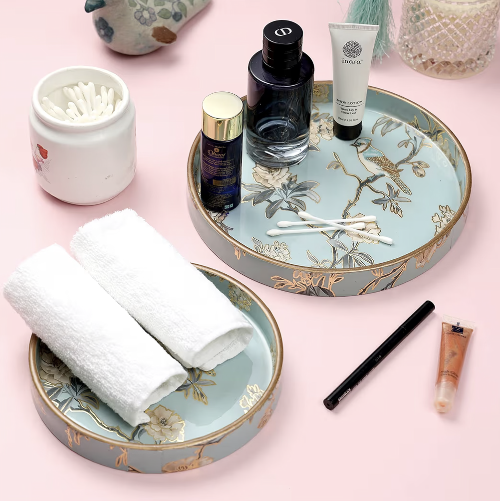 DULI Set of 2 MDF Wood Trays Enamel Coated| Round Wooden Serving Trays | Kitchen&Dining Decorative | Resin Tray | Handmade | 7x7 & 9x9 inches (Setof2Round: AquaGoldBirds)