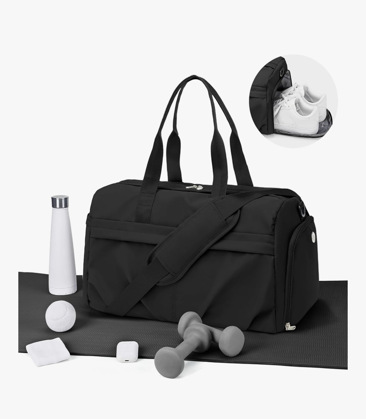 Gym Bag for Women Men with Shoe Compartment, Sport Duffel Bag, Waterproof Travel Weekender Overnight Carry on Bag for Yoga with Trolley Sleeve, Black, A-Black, Shoe Compartment