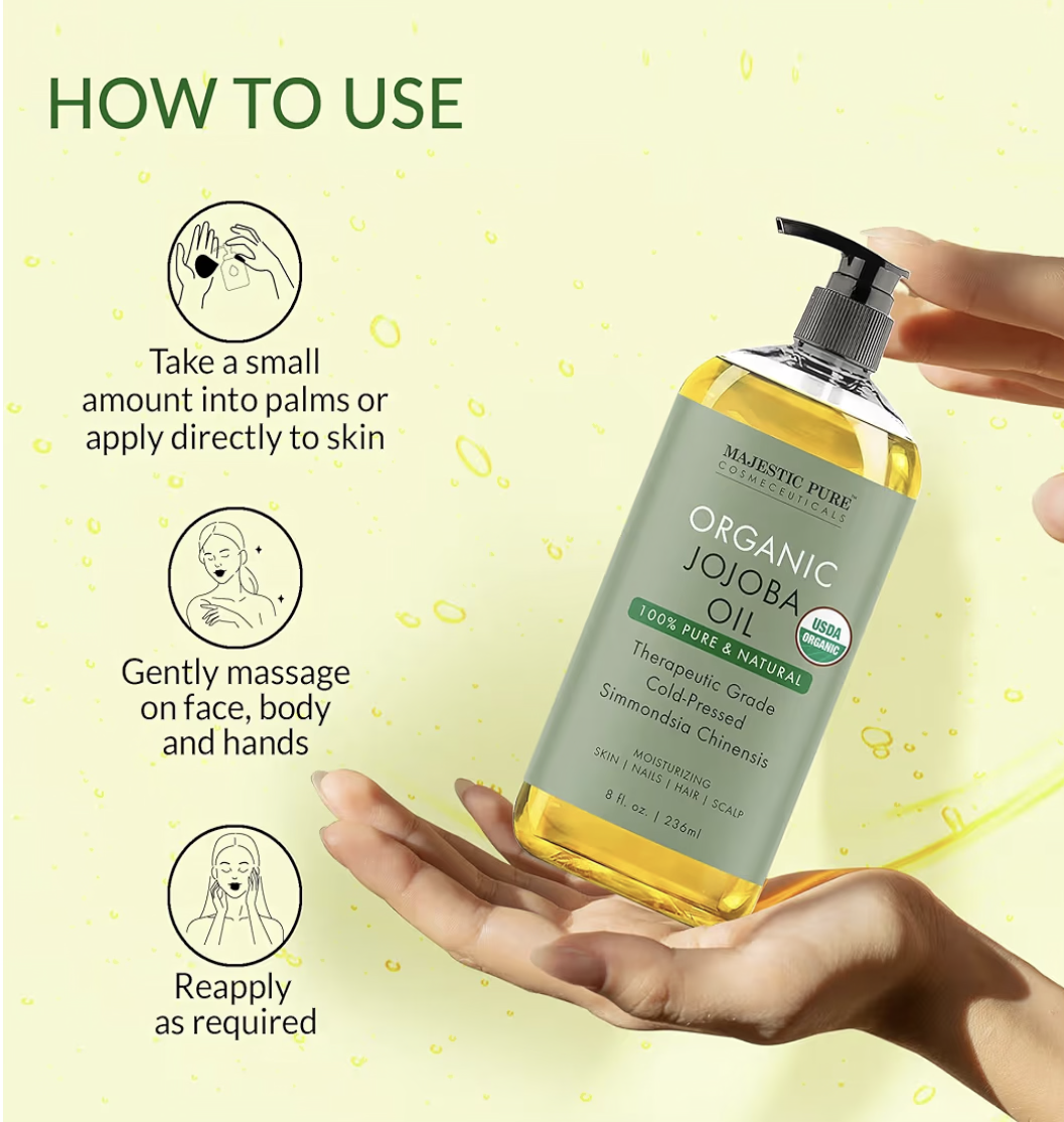 Majestic Pure Organic Jojoba Oil - Large 236 ML | 100% Pure and Natural, Cold-Pressed | Moisturizing for Skin Care, Massage, Hair Care, and to Dilute Essential Oils