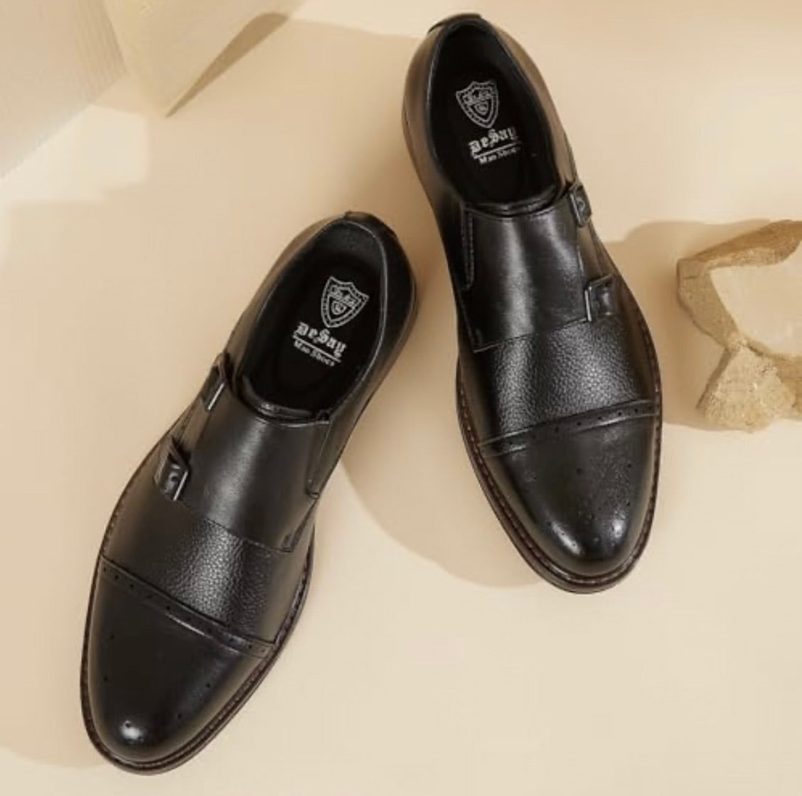 Men's Double Buckles Monk Strap Leather Dress Shoes- Brogue Design with Adjustable Buckles